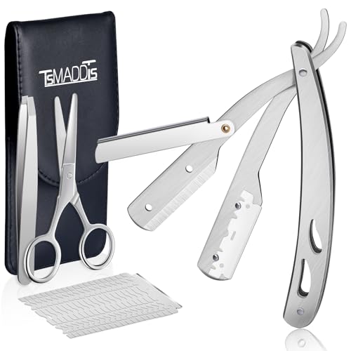 TSMADDTS Professional Straight Razors Kit with Silver Straight Blade Razor, 20-Pack Single Edge Blade, Scissors, Tweezers, Leather Holder
