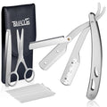 TSMADDTS Professional Straight Razors Kit with Silver Straight Blade Razor, 20-Pack Single Edge Blade, Scissors, Tweezers, Leather Holder