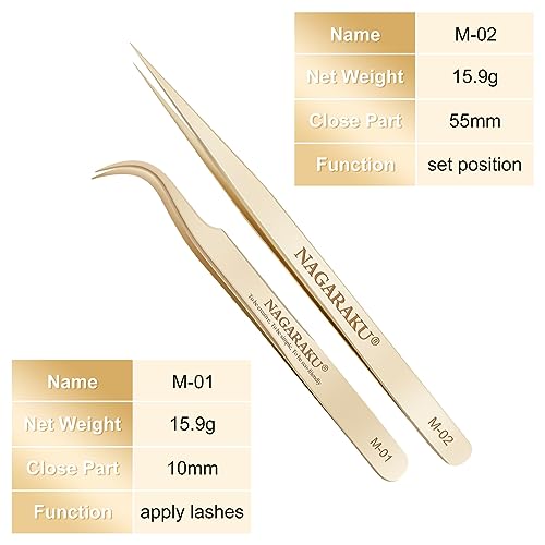 NAGARAKU Tweezers for Eyelash Extensions Straight and Curved Precision Professional Volume Easy Fanning lash Precise Point 1 Pair Tweezers for Lash(M-01 and M-02)
