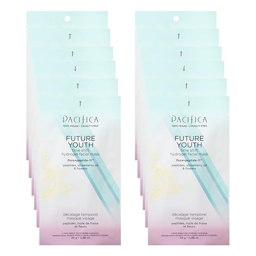 Pacifica Future Youth Time Shift Hydrogel Facial Mask - 12-PACK - Multi-Peptide Anti-Aging Sheet Mask for Firming & Plumping, Ultra-Hydrating Serum-Infused Mask for Face & Neck, 100% Vegan