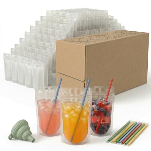 400pcs Drink Pouches with Side Straw Port, 17oz Stand-Up Beverage Bags & Individually Wrapped Straws - Bulk Party Drink Supplies (Pack of 1)