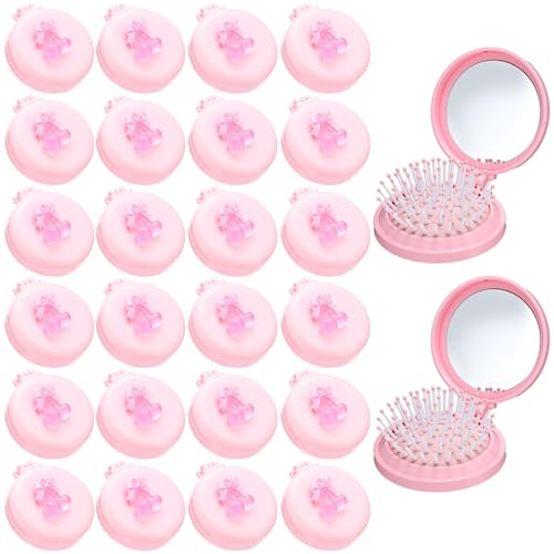 Pink 24 Pack Foldable Travel Hair Mirror Comb Set with Bows - Portable Small Size