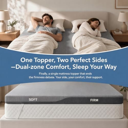 Queen Size Dual Firmness Mattress Topper - Split 3 Inch Support Foam, Non-Slip, CertiPUR-US Certified