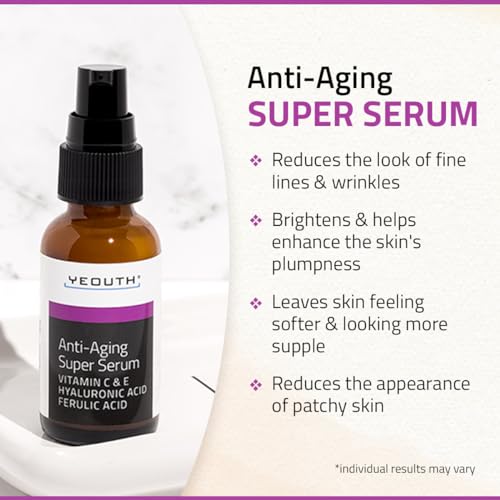YEOUTH Anti Aging Serum for Face with Hyaluronic Acid, Ferulic Acid, Vitamin C and E, Hydrating Face Serum for Women and Men Targets Dull and Dry Skin 1oz (Pack of 2)