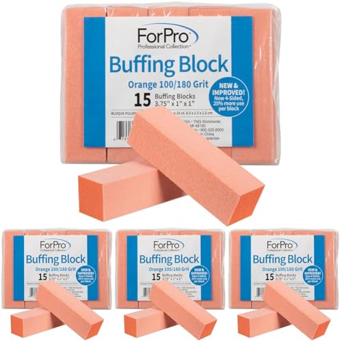 ForPro Buffing Block, Orange, 100/180 Grit, Three-Sided Manicure and Pedicure Nail Buffer, 3.75¡± L x 1¡± W x 1¡± H, 15-Count (Pack of 4)