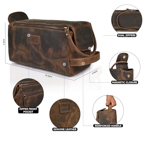 LEATHER VILLAGE Genuine Leather Travel Toiletry Bag - Water-Resistant Dopp Kit for Toiletries, Large Shaving Bag & Bathroom Organizer - Gift for Men & Women - Rustic Brown