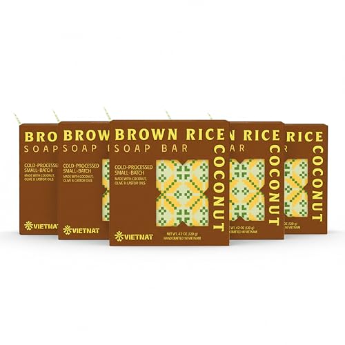 Brown Rice & Coconut Milk Soap Bar - Smoothing Exfoliating Body Soap for Arms & Legs - Cold Process Handmade Bars with Coconut Oil, Made in Vietnam (Pack of 5)