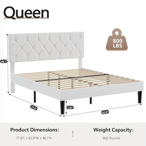 Queen Bed Frame with Upholstered Tufted Headboard - White, Adjustable & Noise-Free