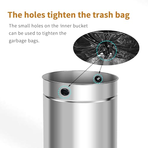 Huaqinglian White Gold 9 Gallon Stainless Steel Commercial Trash Can - Round Open Top Waste Bin for Home & Business
