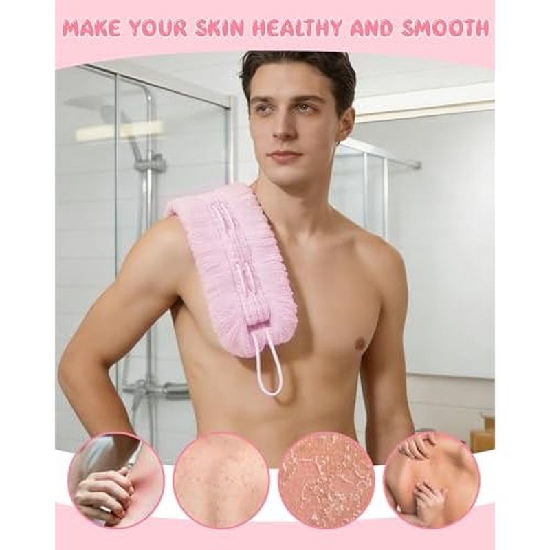 2Pcs Exfoliating Body Scrubber, Bath Ball Pulling The Back Strip 2 in 1, Back Scrubber for Shower Bath, Stretchable Drawstring Back Strip Bath Ball, Exfoliating Washcloth Towel for Men Women
