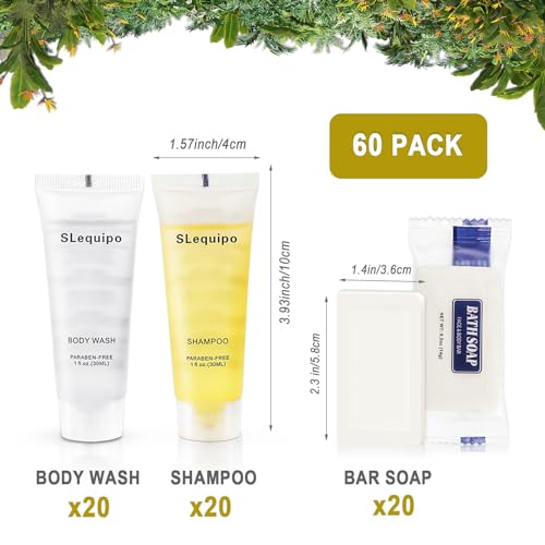 Travel Size Hotel Toiletries Bulk Set: 20 Bar Soap 0.5oz, 20 Shampoo, 20 Body Wash - 60 Pcs, Mini Guest Toiletries, Hotel Amenities