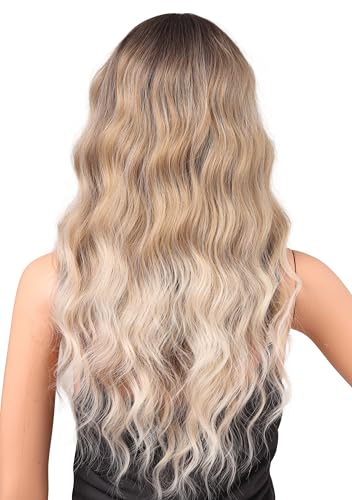 22 Inch Ash Blonde Wavy Wig with Bangs - Synthetic Heat-Resistant Hairpiece for Women