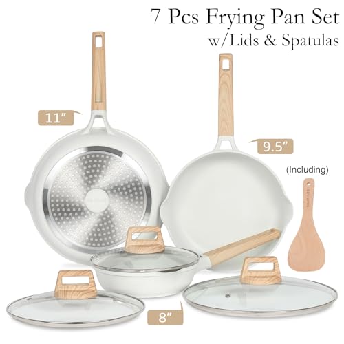 Ceramic Nonstick Skillet Set with Lids - 7 Pieces, Cream White, 8-11 Inch