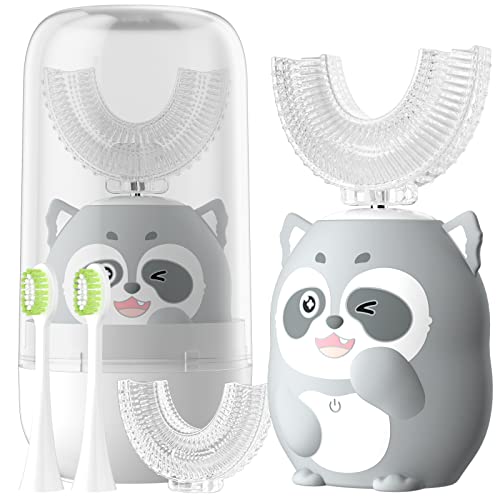 ELOTAME Kids Electric U-Shaped Toothbrush Gray Raccoon 59s Timer, Ages 8-15