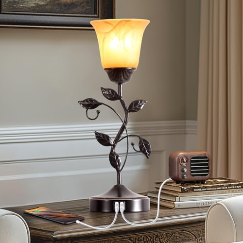 2 Pack Touch Vintage Bedroom Leaf Table Lamps with USB Ports - Bronze, Dimmable