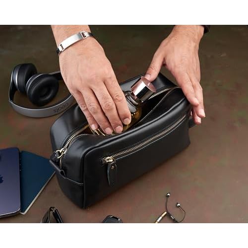 Awesometik Unisex Premium Travel Bag - Toiletries Organizer Case for Grooming, Jewelry - Travel Essentials Shaving Dopp Kit - Geniune Leather Water Resistant Cosmetic Bag For Men, Women (Black)