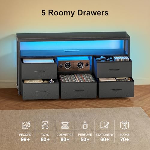 47 Inch TV Stand with LED Lights & Charging Station for Bedroom - Fabric Drawer Storage