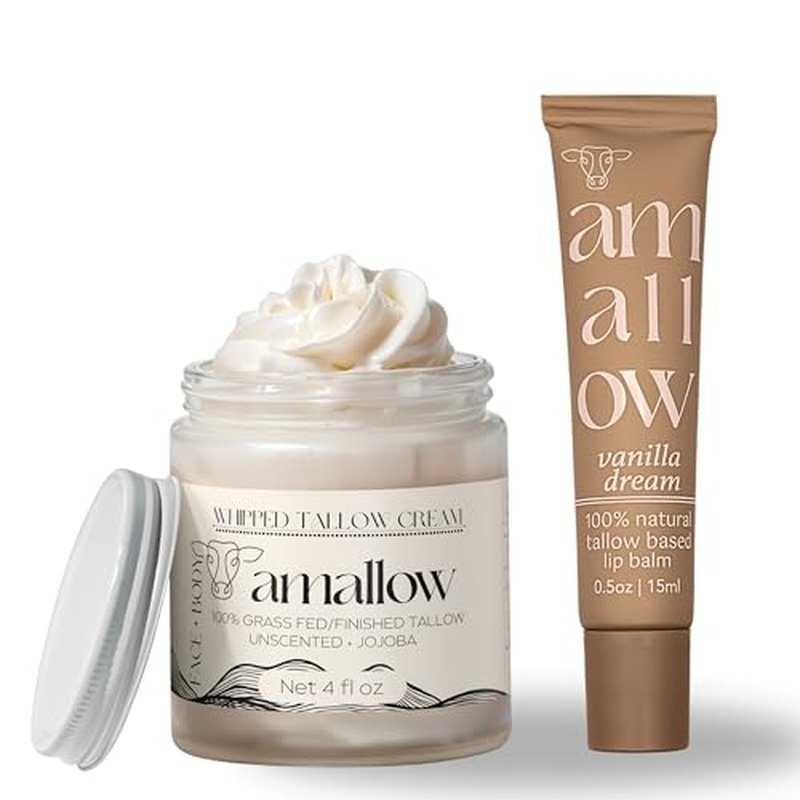 Amallow 100% Grass Fed Beef Tallow Skincare & Lip Balm Set - Whipped Moisturizer for Face & Body (Unscented + Jojoba Oil) + All Natural Tallow Lip Balm (Vanilla Dream)