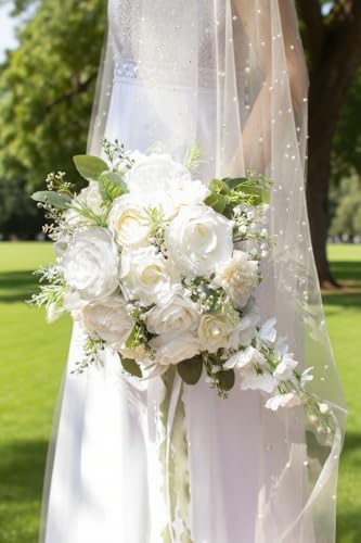 12 Inch Cascade Wedding Bouquet for Bride - Ivory & Champagne - Faux Silk Flowers
