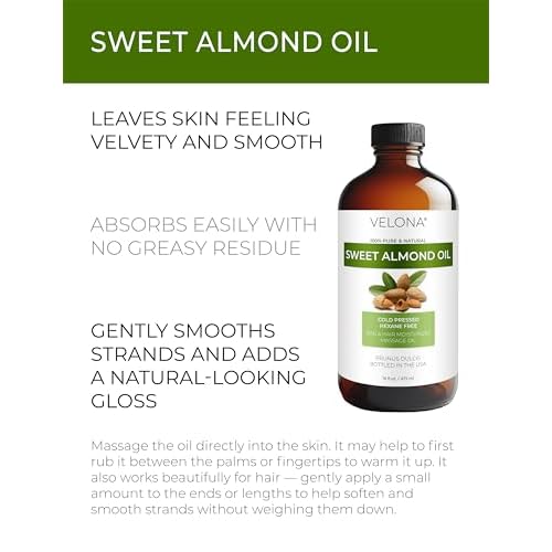 velona Sweet Almond Oil - 16 Fl Oz in Glass Bottle | 100% Pure and Natural Carrier Oil |Cold Pressed | Skin, Hair, Body & Face Moisturizing | Use Today - Enjoy Results¡¦