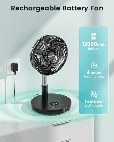 Foldable 12-Inch Rechargeable Standing Fan with Remote, 6 Speed, Black