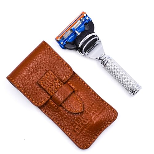 Parker Fusion Compatible Travel Razor with Leather Sheath – Compact Safety Razor