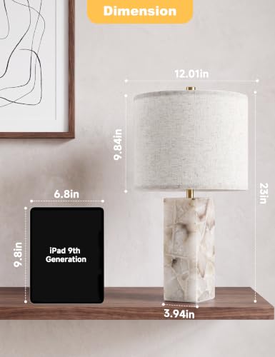 White 23-Inch Alabaster Table Lamp Set of 2 - Modern Marble Nightstand Lamps with Linen Shade, Touch Control & 3-Level Dimming