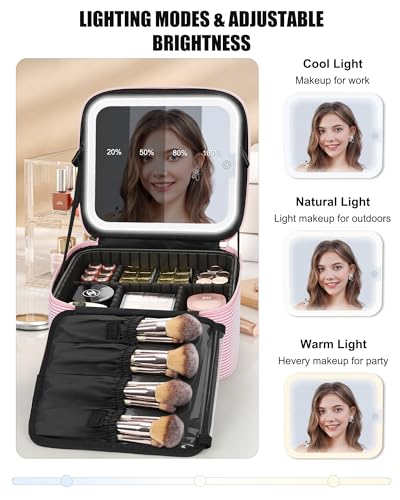 Relavel Travel Makeup Bag with LED Mirror - Detachable Dividers, Small Strip Variant