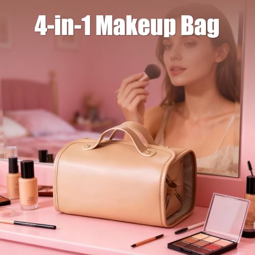 Large Expandable Makeup Bag, 4-in-1 Waterproof Makeup bag, Cosmetic Bag with Detachable Interior Pockets, Ideal for Women Travel Essentials(Brown)