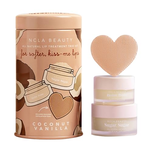 NCLA All Natural Lip Treatment Set - Hydrating Lip Balm - Vitamin C, E, and Agave Sugar Scrub with Silicone Scrubber - Coconut Vanilla - 3 pc