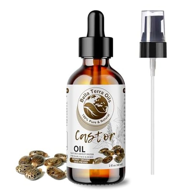 Bella Terra Oils - Organic Castor Oil 2oz Glass Bottle - Pure & Cold-Pressed, Rich in Stearic Acid for Skin & Hair Care
