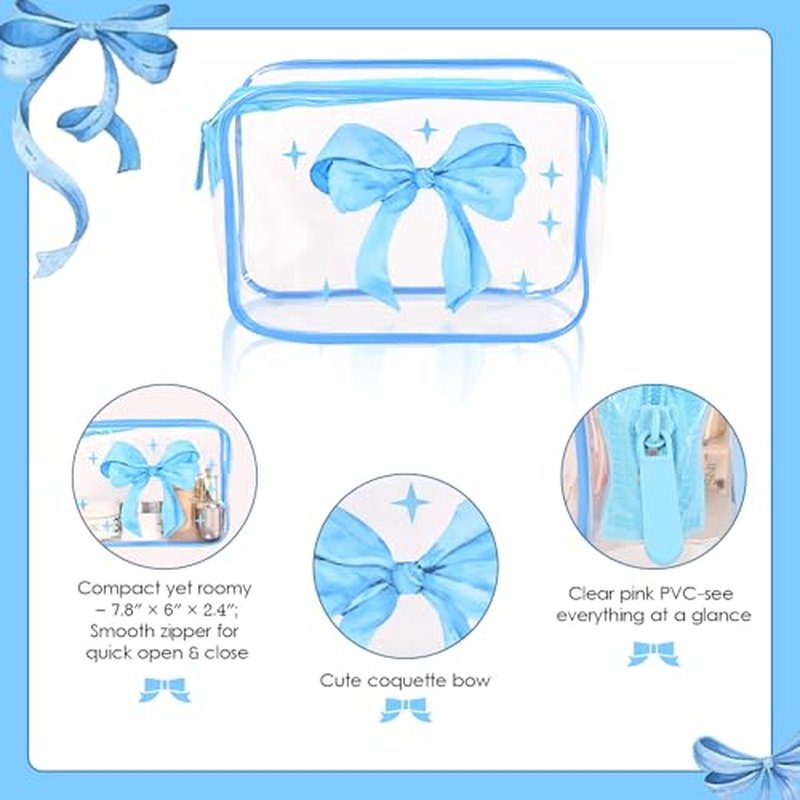 10 Blue Bow Clear Makeup Bags for Girls, TSA Large Capacity Toiletry Bags for Travel Clear PVC Waterproof Pouch with Zipper for Valentine Day Gift, Bridesmaid Wedding Bag, Birthday Party Favor