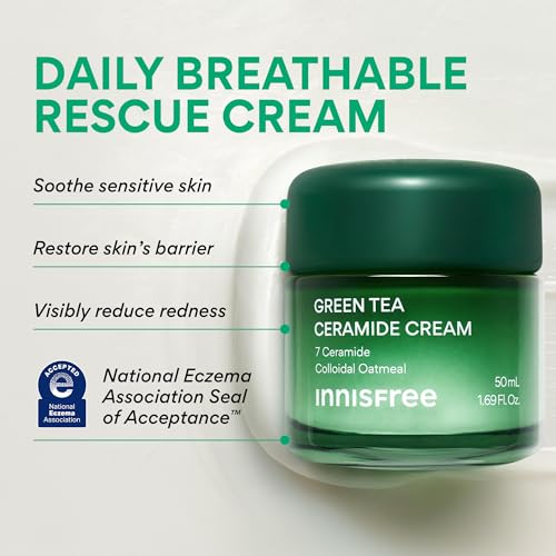 innisfree Green Tea Ceramide Cream, Hydrating Rescue Cream for Dry, Sensitive, and Eczema Prone Skin