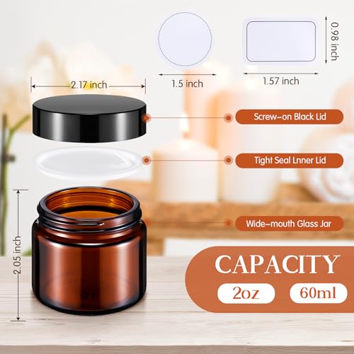 Layhit 60pcs 2 oz Glass Jars with Lids Bulk, Small Jars Containers Travel Storage Jar with Inner Liners Labels for Candle Scrubs, Lotions, Cream, Lip Balm (Amber,Black Lids)