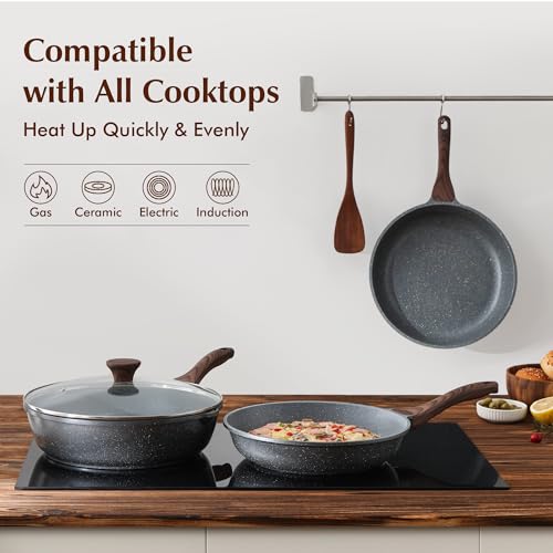 Nonstick Frying Pans Set - Gray Granite Coating, 3 Sizes 9.5, 11 & 12.5 Inch