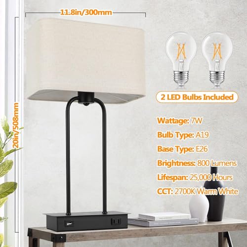 Modern Black Wireless Charging Table Lamp Set of 2 - Dimmable Touch Control, USB & Outlet