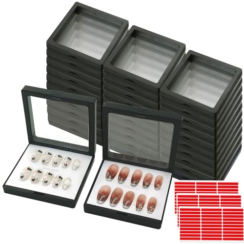 3.5 Inch Black Floating Nail Packaging Box Set with 90 Adhesive Tapes - 32 Pack