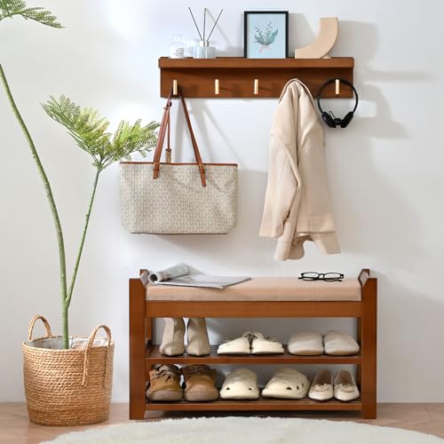 Brown 28-Inch Shoe Rack Entryway Bench with Coat Hooks - Natural Bamboo