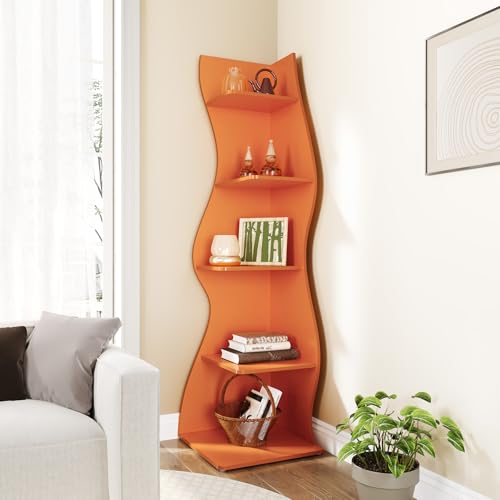 LITTLE TREE Small Corner Shelf - 5-Tier Wall Wavy Bookshelf in Orange, Space-Saving Modern Design