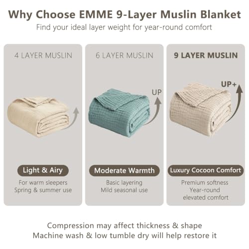 EMME 9-Layer Muslin Cotton Blanket Queen Beige - Soft, Breathable Coverlet