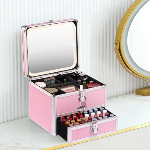 Leeora&Leekoo Pink Makeup Box with Lighted Mirror & Adjustable Dividers Travel Case