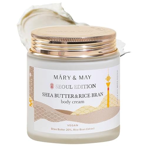 Mary&May SEOUL EDITION Shea Butter & Rice Bran Body Cream - Korean Vegan Boby Moisturizer for Dry and Sensitive Skin with Ceramide - Fragrance Free Body Butter, 8.45oz.