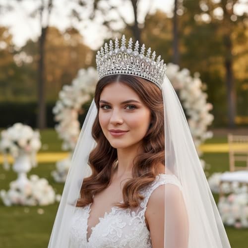 QXMYOO Silver Tall Wedding Tiara for Bride Large Queen Crown with Cubic Zirconia - Bridal Hair Accessories