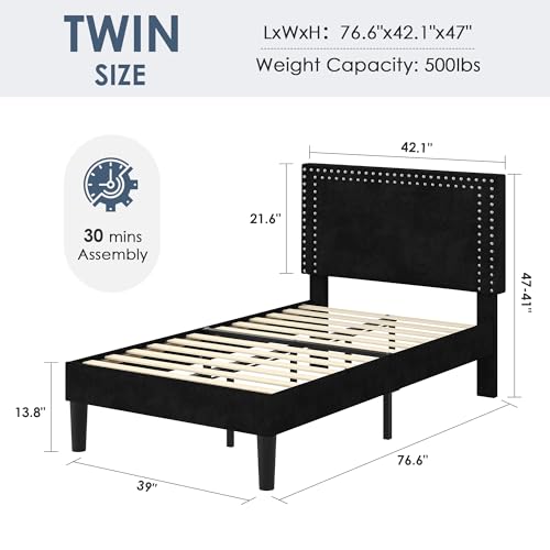 Twin Size Upholstered Bed Frame with Adjustable Headboard, Modern Platform Design, Black - No Box Spring Needed