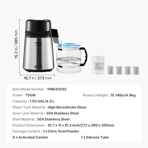 VEVOR 4L Water Distiller - Silver Home Countertop Purifier with 750W Power