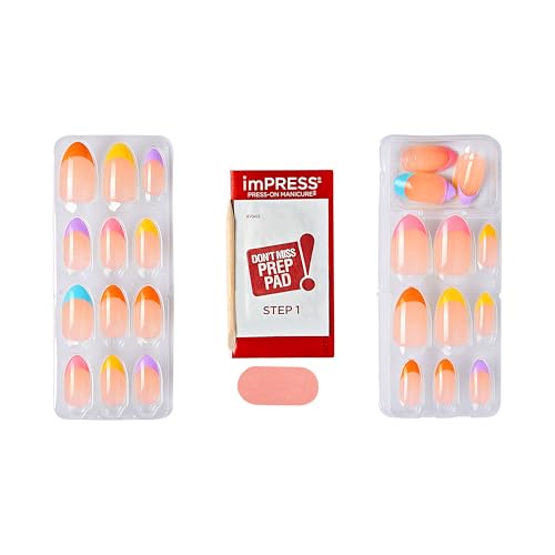 KISS Impress Press-On Manicure Fake Nails, Young Love - Medium Length, Almond Shape, Polish-Free Multicolor French Tip Design Mani, Includes Prep Pad, Mini File, Manicure Stick, and 30 Fake Nails