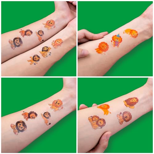 96 PCS Funny Lion Pre-Cut Temporary Tattoos for Kids | Super Cute Themed Birthday Party Favors, Supplies, Decorations, Jungle Animal Fake Tattoo Stickers, School Rewards Prizes & Gifts for Boys Girls