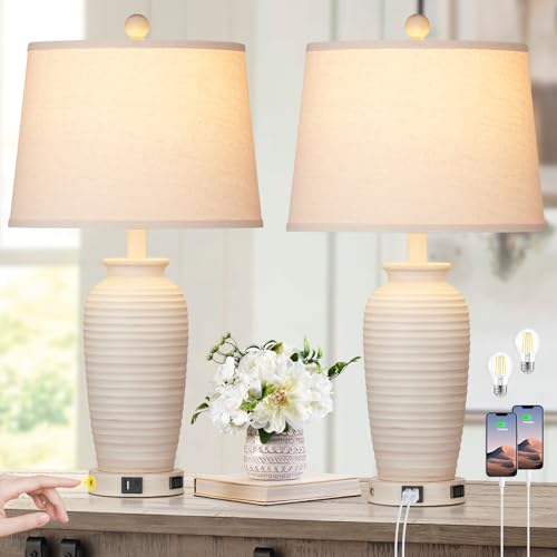 CINSARY 24.3-Inch Farmhouse Cream Jar Table Lamps Set of 2 with USB Charging & Touch Control