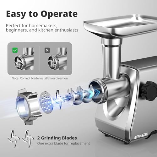 AIRMSEN Medium Electric Meat Grinder & Sausage Maker - Heavy Duty Stainless Steel, 3 Plates, Blades, Kubbe Kit, Quiet Home Kitchen