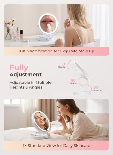 Brightown Travel Lighted Makeup Mirror 1X 10X Magnification with 3 Light Modes - White